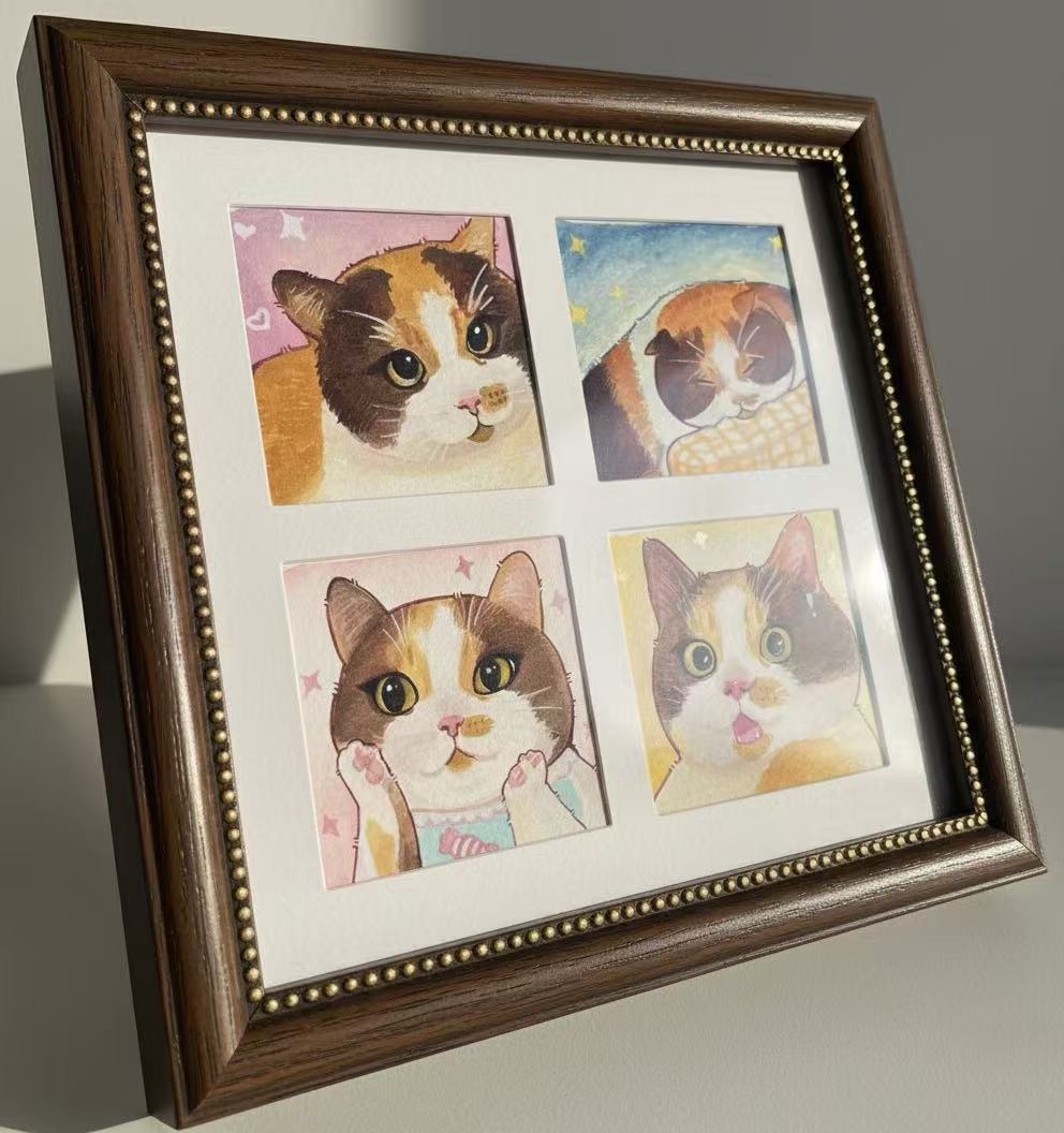 Custom Pet Portrait – Handcrafted Watercolor Art (Four-Frame Combined)