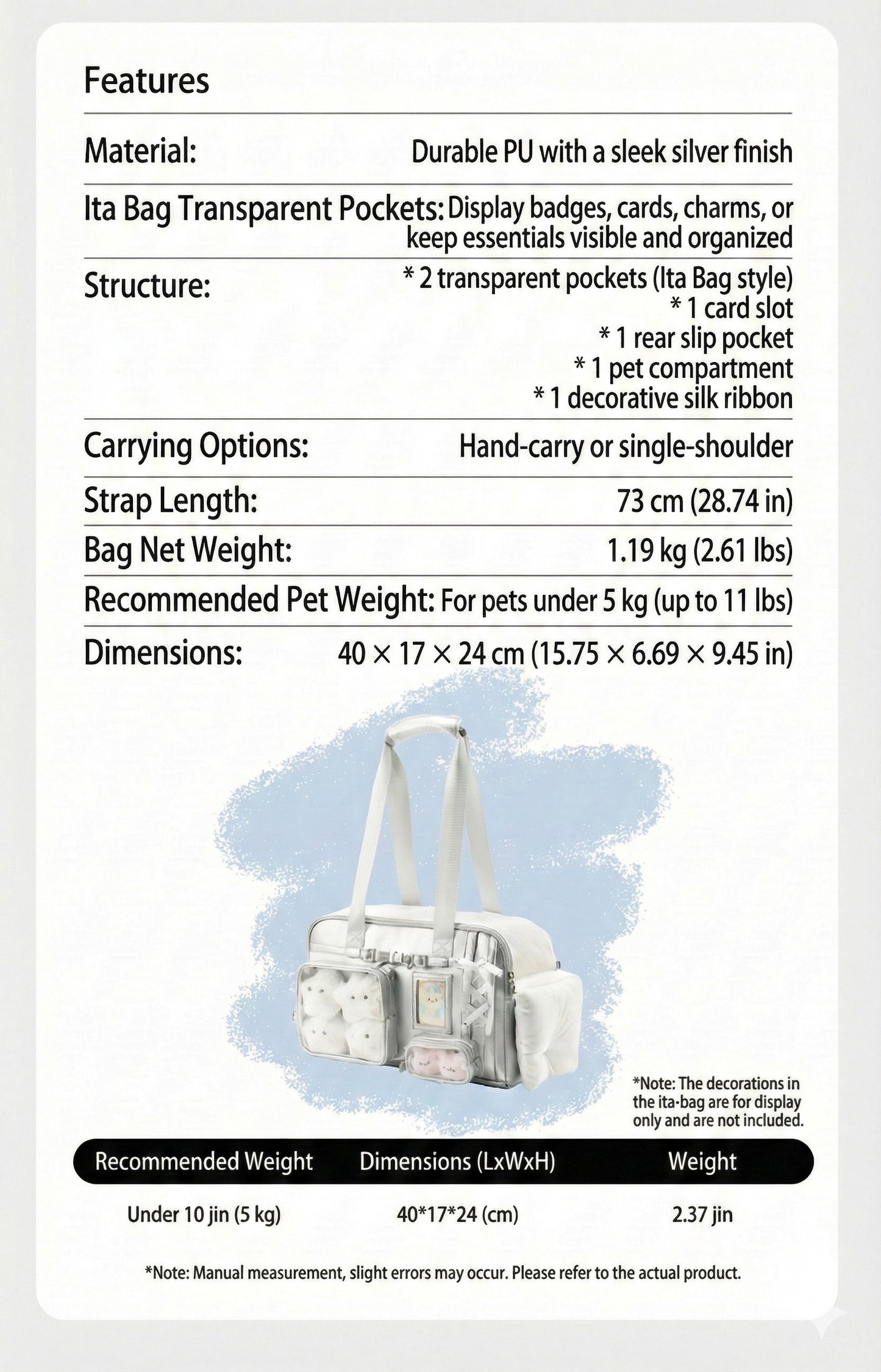 Pet Travel Tote Ita Bag – Silver (Pre-Order)